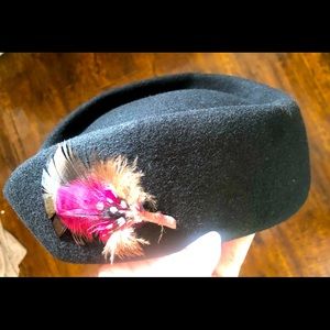 Vintage Pillbox Hat 50-60’s Era.  Black 100%Wool with Beautiful bright Feathers